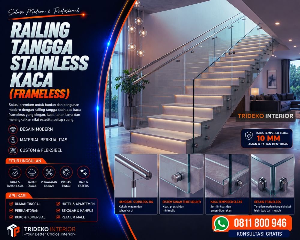 Railing Tangga Stainless Kaca (Frameless)