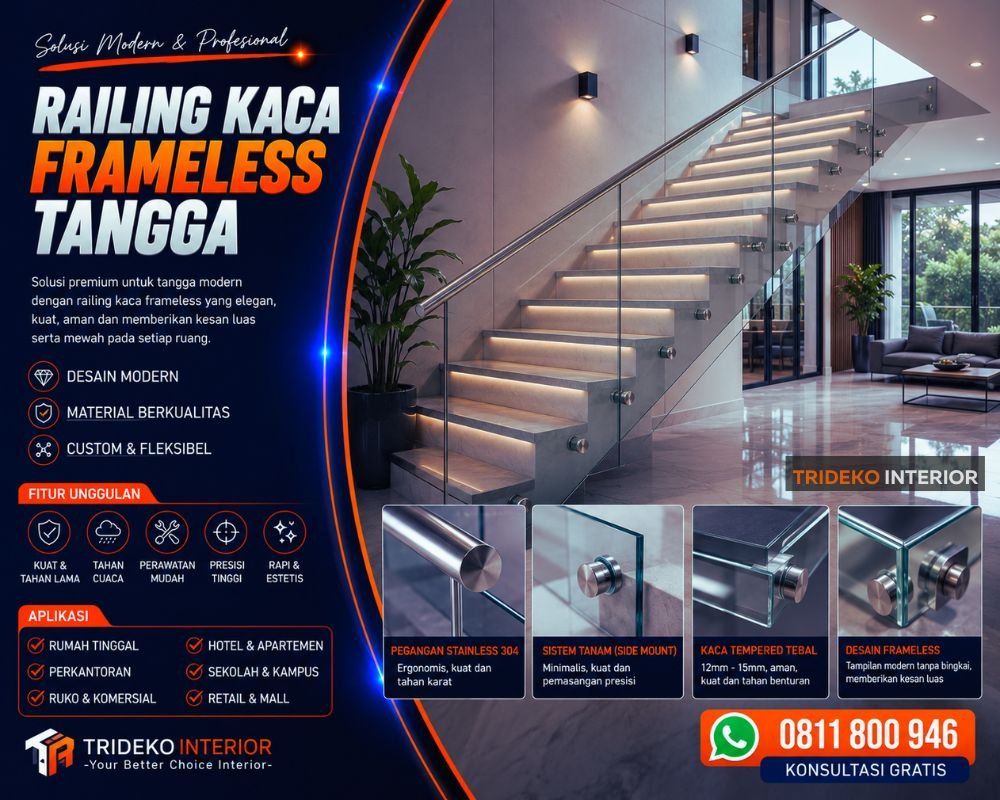 Railing Kaca Tempered Frameless Tangga Cikarang