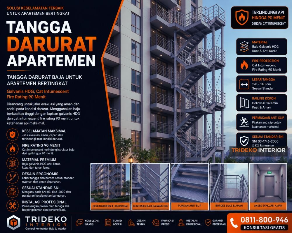 Tangga darurat gedung perkantoran Batam Center FTZ standar korporat internasional